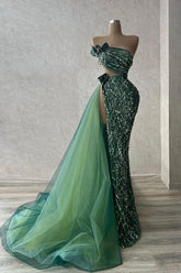 Green Mermaid Prom Dress Strapless Beaded Evening Dress
