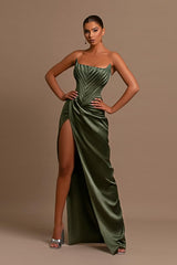 Green Mermaid Prom Dress Strapless Satin Evening Dress