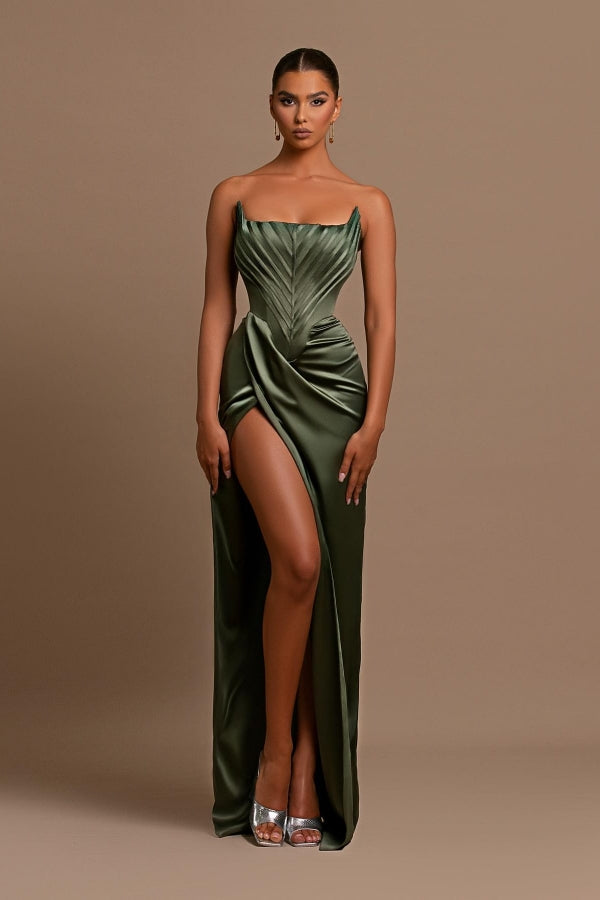 Green Mermaid Prom Dress Strapless Satin Evening Dress