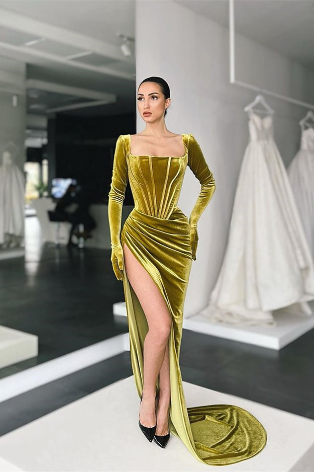 Green Mermaid Velvet Dress Long Sleeve Square Neck Evening Evening Dress