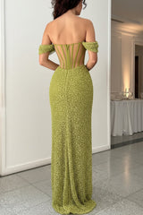Dreamyannie Green Off Shoulder Corset Sequin Prom Dress With High Slit Formal Evening Gown