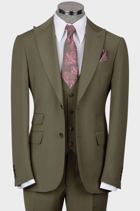 Green Peaked Lapel 3 Piece Business Men Suit