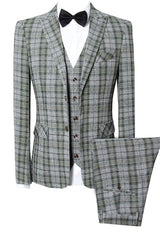 Green Plaid Peaked Lapel 3 Piece Business Suit