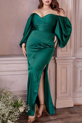 Green Plus Size Wedding Guest Dress Off the Shoulder Long Sleeves Bridesmaid Dress