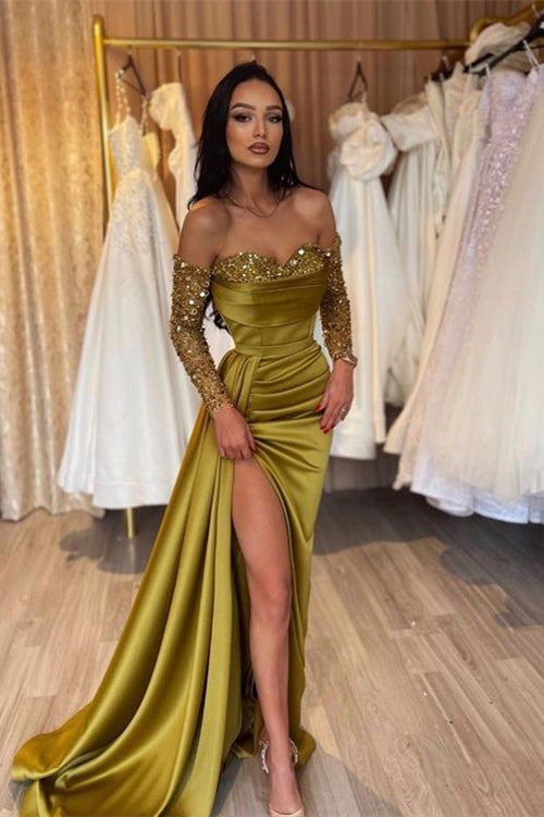 Green Prom Dress Long Sleeve Off the Shoulder Mermaid Sequined Evening Dress