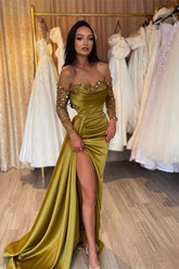 Green Prom Dress Long Sleeve Off the Shoulder Mermaid Sequined Evening Dress