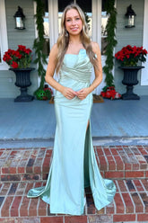 Green Prom Dress Mermaid Ruched Satin Formal Dress With Slit