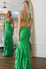 Green Prom Dress Mermaid Ruffled Satin Long Formal Dress With Beadings