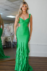 Green Prom Dress Mermaid Ruffled Satin Long Formal Dress With Beadings
