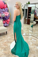 Green Prom Dress Mermaid Satin Long Evening Dress With Slit
