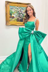 Green Prom Dress Satin Beaded A Line Long Pageant Dress With Bow
