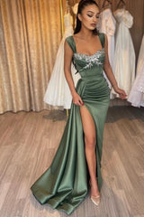 Green Prom Dress Sleeveless Lace Satin Formal Dress With Slit