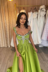 Green Prom Dress Spaghetti Strap A Line Beaded Sleeveless Satin Formal Dress With Slit