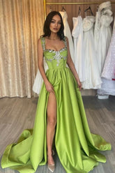 Green Prom Dress Spaghetti Strap A Line Beaded Sleeveless Satin Formal Dress With Slit