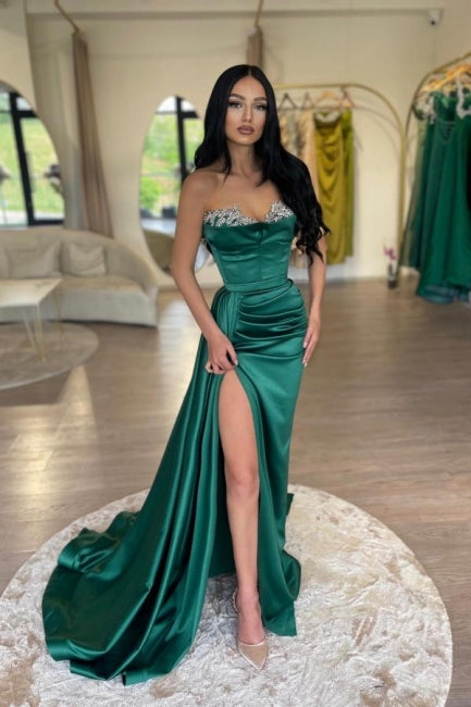 Green Prom Dress Sweetheart A Line Beaded Sleeveless Satin Panel Train Formal Dress With High Slit