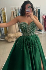 Green Prom Dress Sweetheart Strapless Sleeveless Beaded A Line Satin Slit Formal Dress With Pearls And Rhinestones