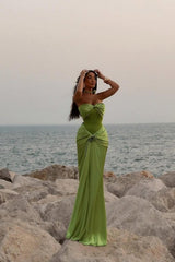 Dreamyannie Green Ruched Bodice Mermaid Draped Maxi Prom Dress With Rosette Detail Formal Evening Gown