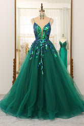 Green Sequin Tulle Spaghetti Straps A-Line Sleeveless Prom Dress