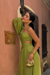 Green Sheath/Column Prom Dress Long Sleeve One Shoulder Evening Dress