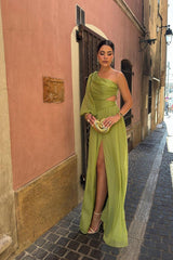 Green Sheath/Column Prom Dress Long Sleeve One Shoulder Evening Dress
