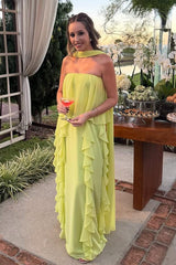 Green Sheath/Column Prom Dress Sleeveless Ruffled Strapless Evening Dress