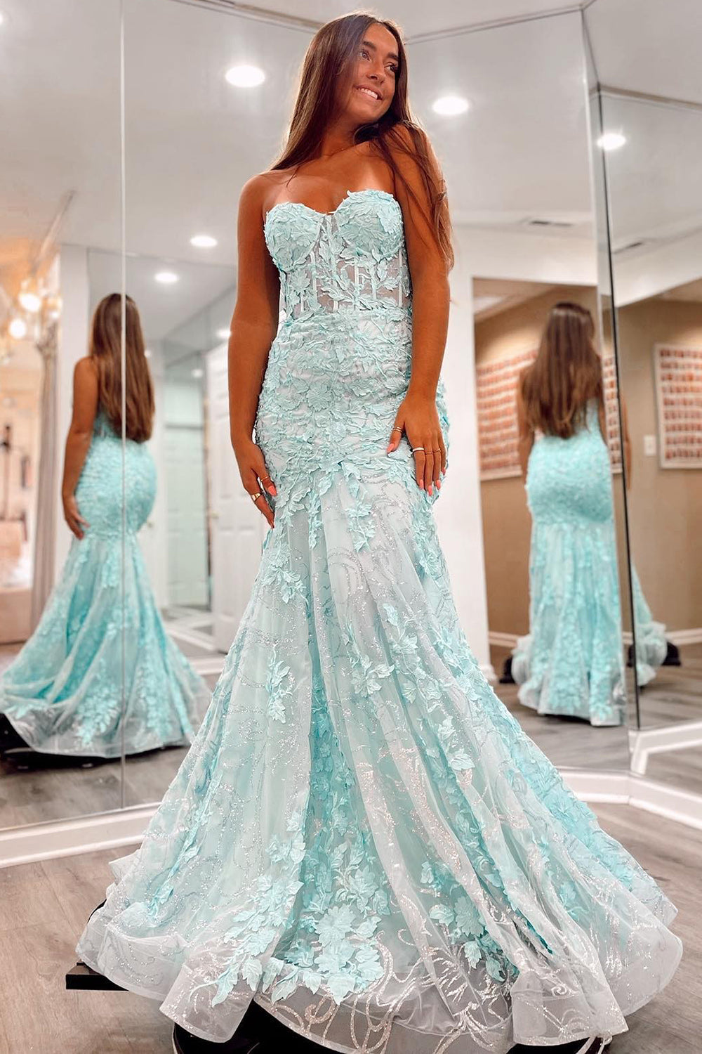 Green Strapless Prom Dress Mermaid Corset Evening Dress with Appliques Dreamyannie UK Green Strapless Prom Dress Mermaid Corset Evening Dress with Appliques Dreamyannie UK