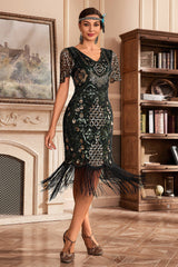 Green V-Neck Batwing Sleeve Fringe 1920s Gatsby Dress