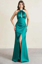 Green Wedding Guest Dress Satin Halter Long Backless Sheath Evening Dress With Slit