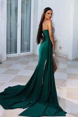 Green Mermaid Prom Dress Asymmetric Neck Beaded Formal Dress with Split