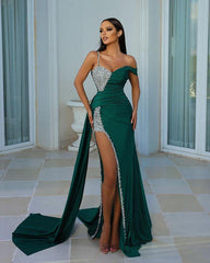 Green Mermaid Prom Dress Asymmetric Neck Beaded Formal Dress with Split