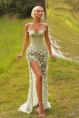 Green Spaghetti Straps Prom Dress Satin Tulle Mermaid Evening Dress with 3D Flowers