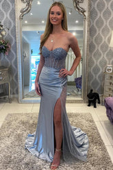 Grey Blue Beaded Mystique Mermaid Dress With High Slit And Train Formal Evening Gown
