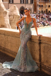 Grey Blue Straps Prom Dress Mermaid Beaded Lace Evening Dress with imitation Pearls