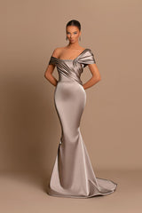 Grey Off The Shoulder Bateau Pleated Ball Gown Evening Dress
