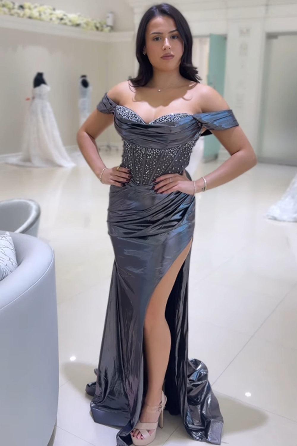 Grey Prom Dress Off The Shoulder Mermaid Evening Dress with Slit