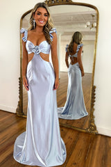 Grey Prom Dress Sheath Hollow Out Satin Long Formal Dress With Flower