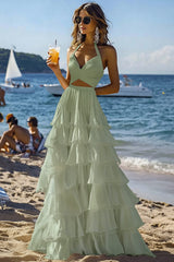 Dreamyannie Halter Tiered White 2 Piece Ruffled Formal Dress