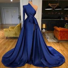 One Shoulder Long Sleeve Prom Dress Formal Dress with Panel Train