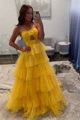 Halter A Line Yellow Prom Dress Ruffled Tulle Long Formal Dress With Keyhole