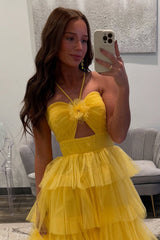 Halter A Line Yellow Prom Dress Ruffled Tulle Long Formal Dress With Keyhole