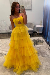 Halter A Line Yellow Prom Dress Ruffled Tulle Long Formal Dress With Keyhole