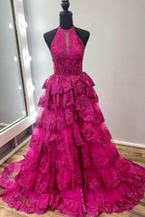Halter A line Prom Dress Tiered Formal Dress Sequined Tulle Lace Evening Dress
