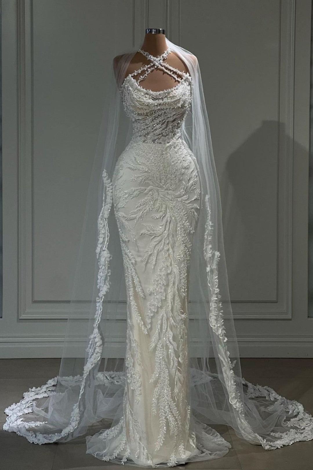 Halter Long White Wedding Dress with Tulle Appliques