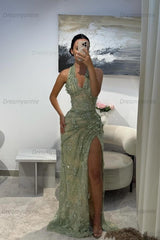 Halter Neck Grey Green Prom Dress Lace Appliqued Evening Dress with 3D Flowers
