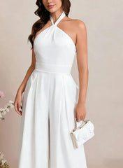 Halter Neck Sleeveless Floor Length Elastic Satin Wedding Jumpsuit with Bow