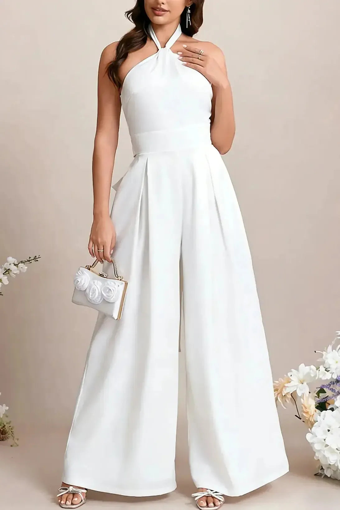 Halter Neck Sleeveless Floor Length Elastic Satin Wedding Jumpsuit with Bow