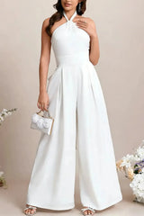 Halter Neck Sleeveless Floor Length Elastic Satin Wedding Jumpsuit with Bow