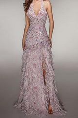 Halter Sequin Prom Dress With Corset Bodice High Slit & Ruffle Skirt Formal Evening Gown