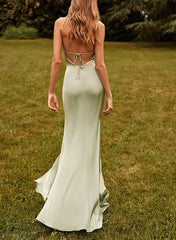 Halter Sleeveless Trumpet/Mermaid Floor Length Bridesmaid Dresses crafted from Silk Like Satin