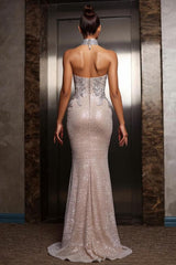 Halter Evening Dress Silver Beaded Sheath/Column Formal Dress
